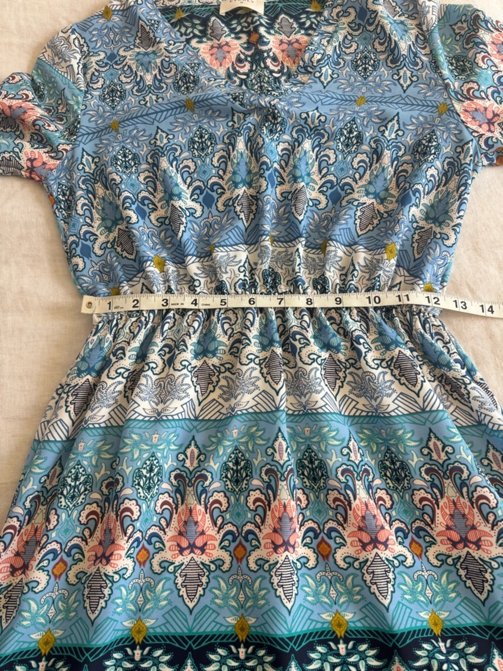 Everly Blue Paisley V-Neck Smock Waist Mini Dress - Picture 13 of 15